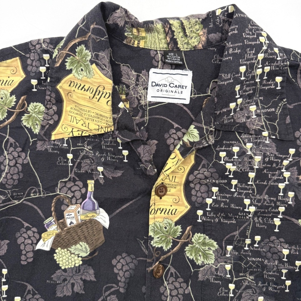 David Carey Button Down Mens Large Black Sonoma Valley Wine Trail Map Camp Shirt